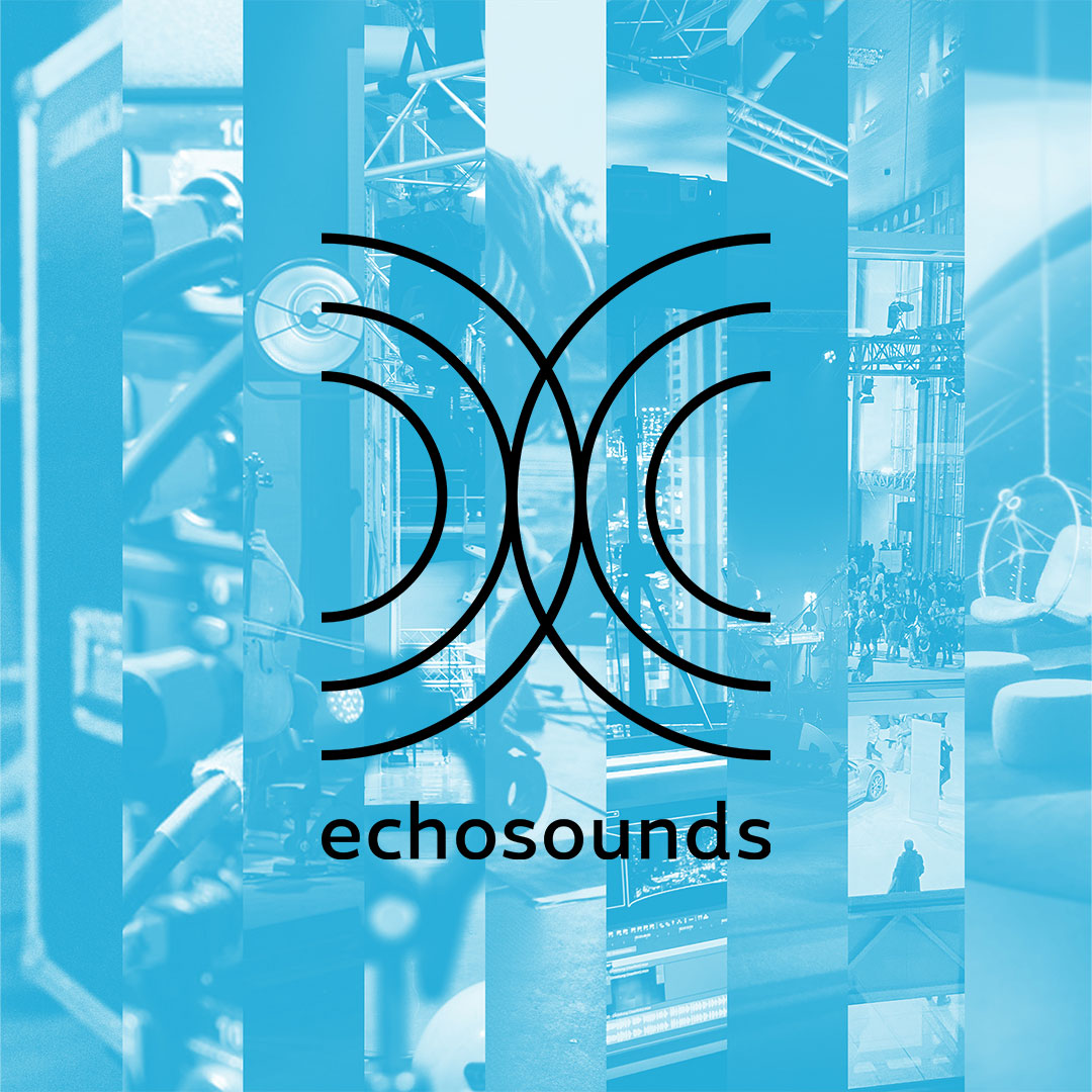 Logo der Firma echosounds auf Hintergrund der PM Blue Veranstaltungstechnik Hamburg